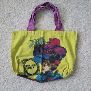 Trader Joe's Rare Vintage Lady with Fruit Green Tote Bag with Purple Handles